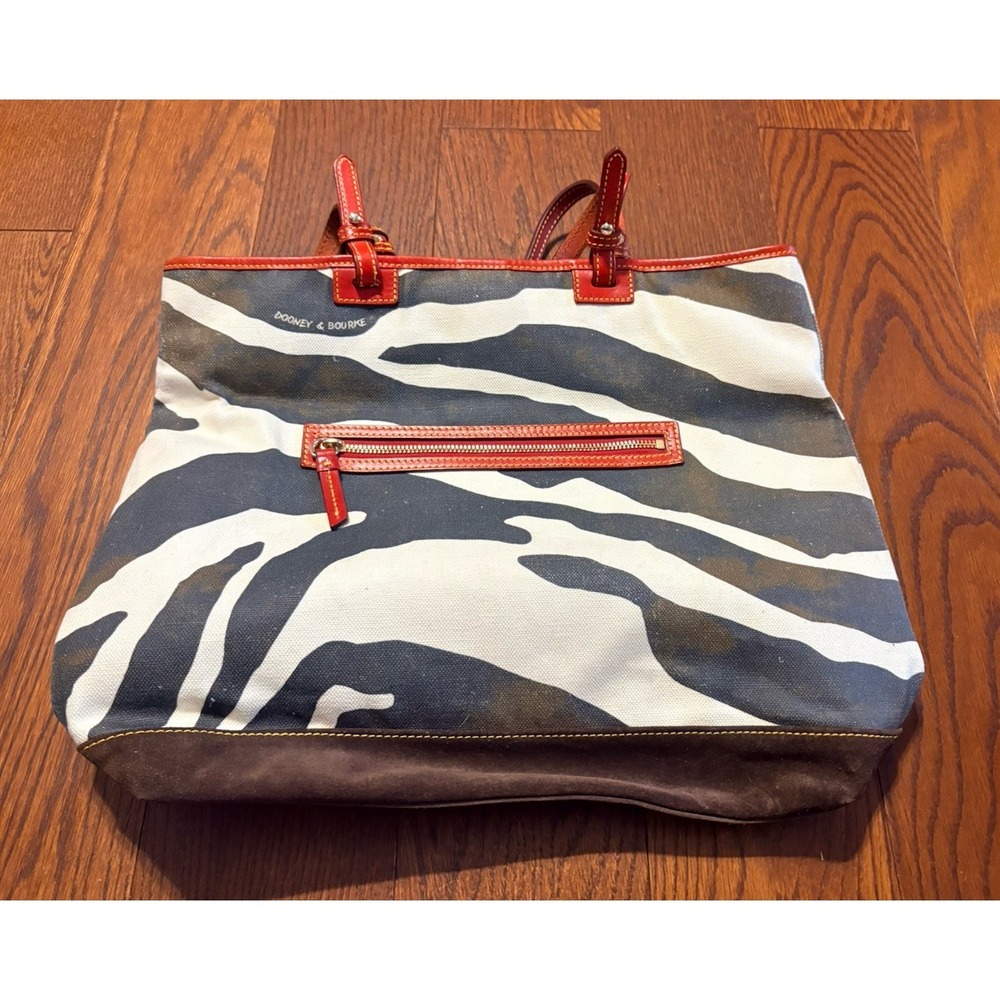 Dooney & Bourke Zebra Printed Canvas Red Leather Trim Suede Bottom Lee Tote Bag - Picture 5 of 7